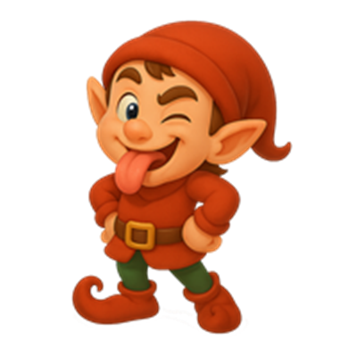 En glad nisse med rødt tøj, der laver grimasser og ser legesyg ud.