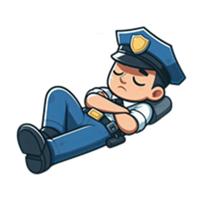 En tegneserieagtig politibetjent, der hviler med lukkede øjne og armene krydset.