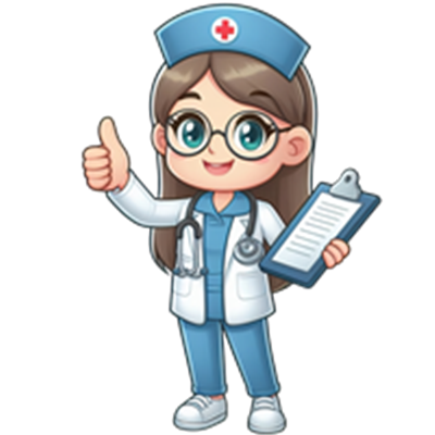 En tegnet sygeplejerske med briller, der giver tommelfinger op og holder et clipboard.