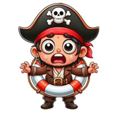 En tegneseriefigur af en skræmt pirat iført en pirathat og redningskrans.