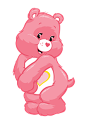 En sød, lyserød bjørn med et hjerte på maven, der står med et smil.