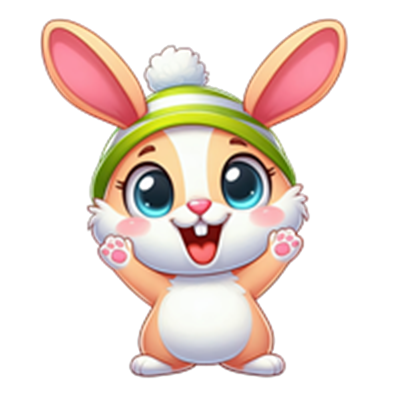 En sød og farverig kanin iført en grøn hue, der ser glad ud og vinker.