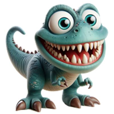 En sød og farverig tegneserie-dinosaur med store øjne og et stort smil.