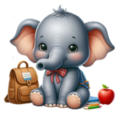 En nuttet elefantunge sidder med en rygsæk, bøger og et æble, klar til skole.