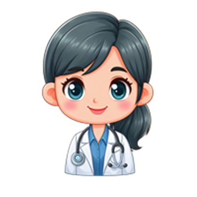 Et cartoon-lignende billede af en kvindelig læge med mørkt hår og stetoskop.