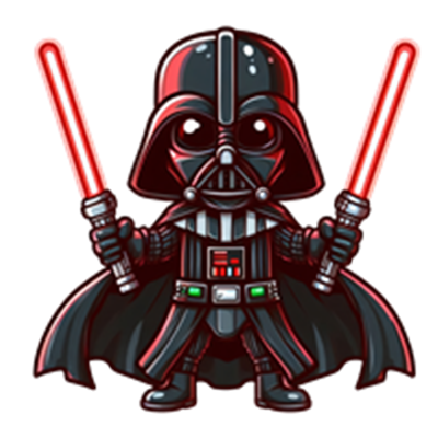 En sød, tegneserieagtig version af Darth Vader, der holder to røde lyssværd.