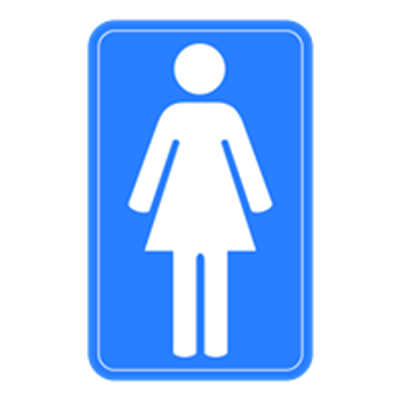 Et blåt skilt med et hvidt symbol, der repræsenterer et kvindetoilet.