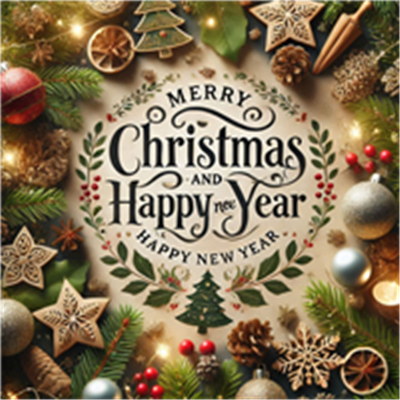 En festlig komposition med juledekorationer og en hilsen til jul og det nye år.