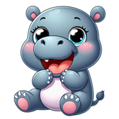 En tegnet babyflodhest med store øjne og et glad udtryk, der sidder og smiler.