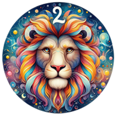 Et kunstnerisk billede af en løve med en farverig mane og magiske elementer i baggrunden.