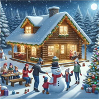 En familie samles udenfor en hyggelig hytte, hvor de bygger en snemand og fejrer julen.