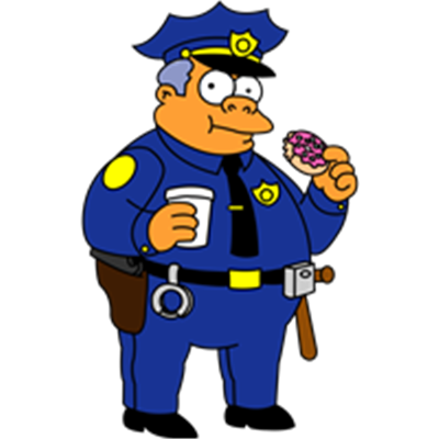 En tegneseriefigur af en politibetjent, der spiser en donut og holder en kop.