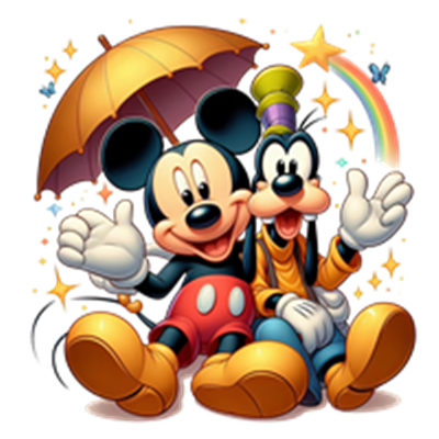 Mickey Mouse og Goofy sidder sammen med en paraply, omgivet af stjerner og en regnbue.