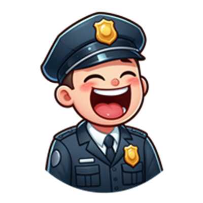En glad, tegnet politibetjent med uniform og en stor smil.