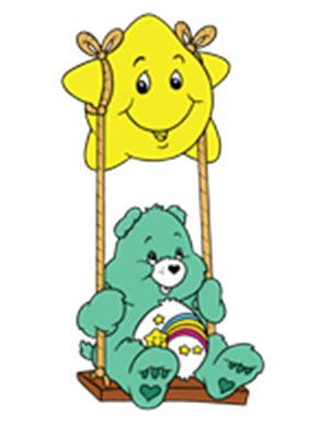 En farverig tegneseriefigur af en grøn bjørn, der sidder på en gynge med en glad sol.