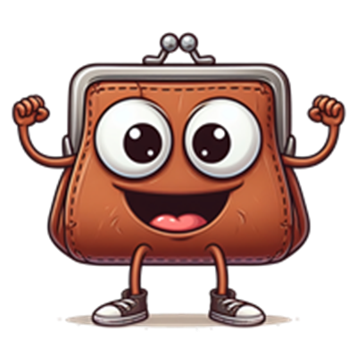 En tegneserieagtig pung med ansigt, der smiler og har hænder, iført sko.