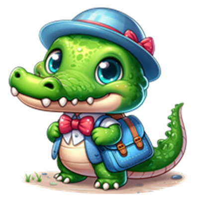 En sød, tegnet krokodille iført hat, butterfly og skoletaske, klar til eventyr.