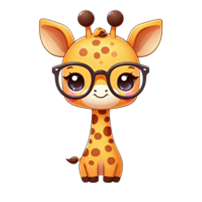 En farverig, tegneserieagtig giraf iført store briller, der ser venlig ud.