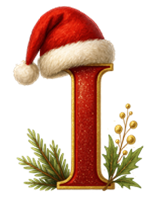 Et stort, glitrende bogstav I iført en rød nissehue, omgivet af juledekor.