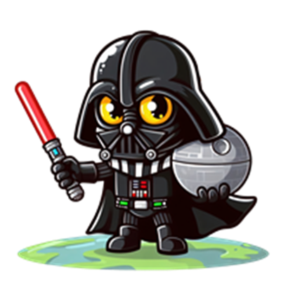 En sød, cartoonagtig version af Darth Vader, der holder en lysaber og en rumstation.