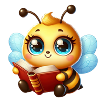 En glad, tegnet bi med store øjne, der sidder og læser en rød bog.