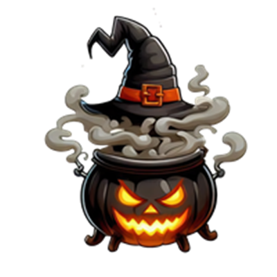 En sort gryde med et græskaransigt og røg, dekoreret med en heksehue.