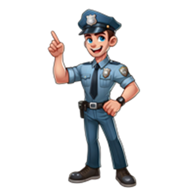 En glad og venlig politibetjent i uniform, der peger og smiler.