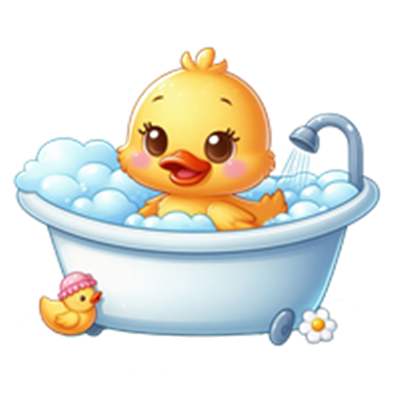 En sød and i et badekar fyldt med skum, der sprøjter vand.