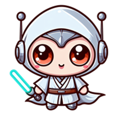 En lille, nuttet karakter i hvid dragt med store øjne og et lyssværd.