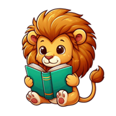 En sød, tegnet løve med en stor manke, der sidder og læser en bog.