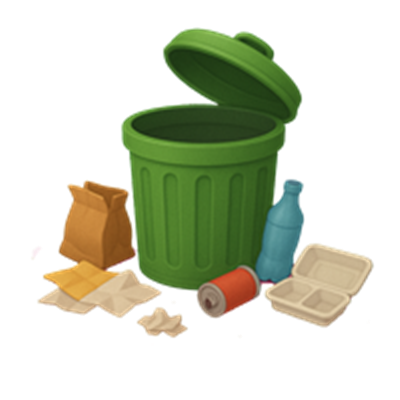 En grøn affaldsbeholder med åbent låg, omgivet af forskellige typer affald som pap, plastik og metal.