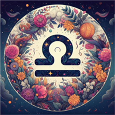 En farverig illustration med et astrologisk symbol omkranset af blomster og stjerner.