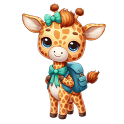En farverig, tegneserieagtig giraf med en rygsæk og en sløjfe, der ser venlig ud.