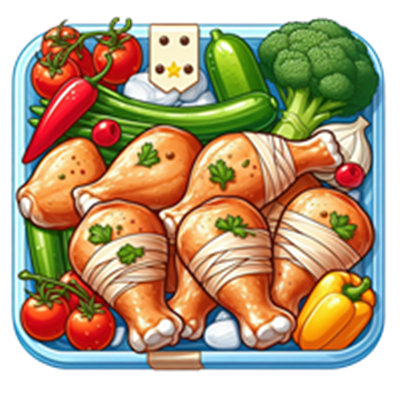 En illustreret madpakke med kyllingelår, friske grøntsager og krydderier.