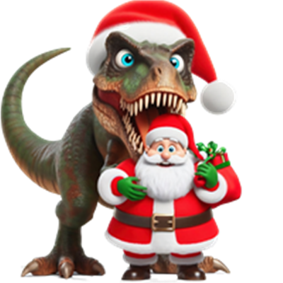 En sjov illustration af en dinosaur iført en julehat, der holder Julemanden.