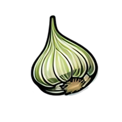 En stiliseret illustration af et hvidløg med grønne nuancer.