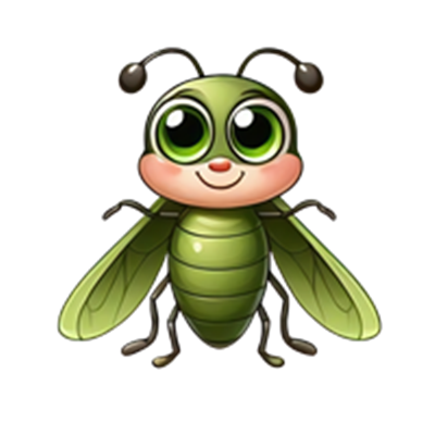 En farverig og venlig tegneseriefigur af et insekt med grønne vinger og et smil.