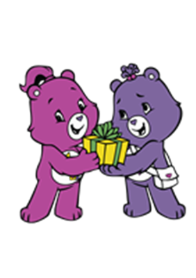 To farverige bjørne, en lilla og en lyserød, udveksler en gave med smil.