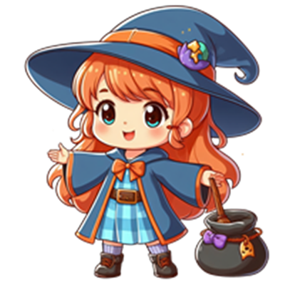 En charmerende, tegnet heks med orange hår, blå kappe og en gryde.