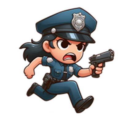 En tegneserieagtig politibetjent løber med en pistol, klar til at handle.