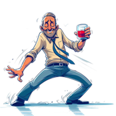 En tegneserieagtig mand står i en akavet position med en drink i hånden, der ser ud til at være i balance.