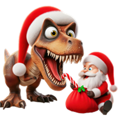 En sjov illustration af en dinosaur og julemanden, begge iført nissehuer, der interagerer.