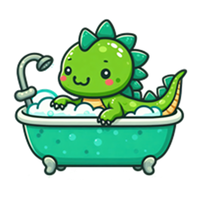 En farverig, tegneserieagtig drageunge, der leger i et badekar fyldt med skum.