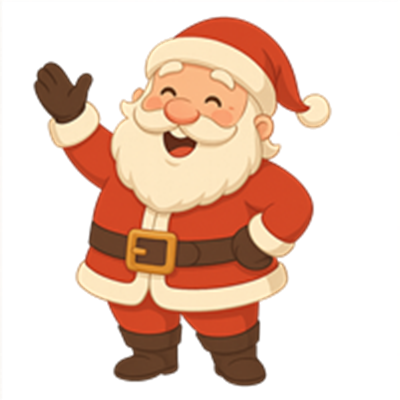 En glad julemand iført rød dragt og hat, der vinker med et smil.