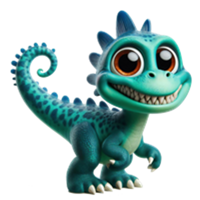 En farverig og venlig dinosaurfigur med store øjne og et smil, der ser legesyg ud.