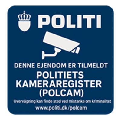 Skilt der angiver, at ejendommen er tilmeldt politiets kameraregister.