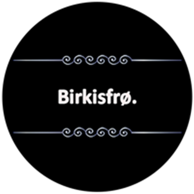Logo med teksten Birkisfrø på sort baggrund med dekorative elementer.
