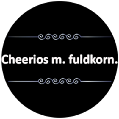 Billede af teksten Cheerios m. fuldkorn. på sort baggrund.