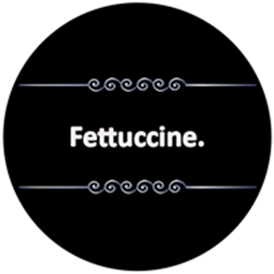 Et billede med teksten Fettuccine. på en sort baggrund, prydet med dekorative elementer.