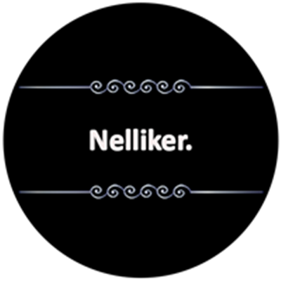 Et minimalistisk design med teksten Nelliker. på sort baggrund, indrammet af dekorative elementer.